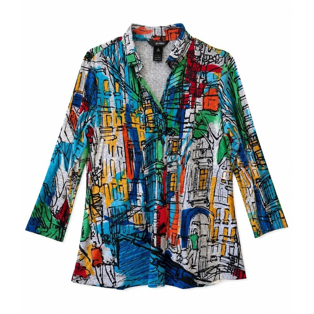 Ali Miles Womens Cardigan Sweater Multicolor City Print 3/4 Sleeve Open Front S